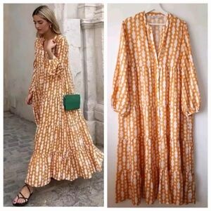 🧡Zara Orange Geometric Printed Button Down Maxi Dress Small🧡